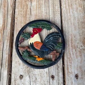 Vtg Painted Cast Iron Rooster Trivet  Farmhouse Kitchen Wall Decor 5.5" Rustic